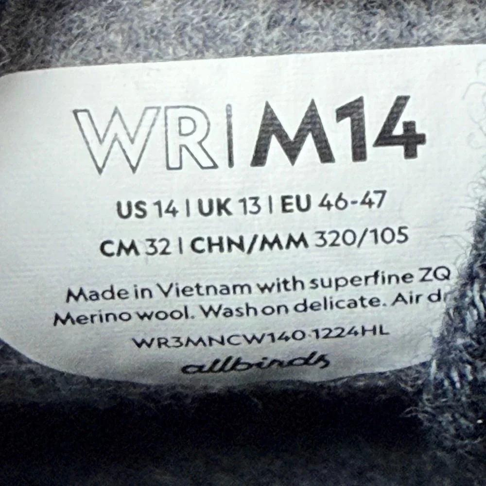 Allbirds‎ Mens Wool Runners Charcoal Grey White Sole Sneakers WR3MNCW140 Size 14